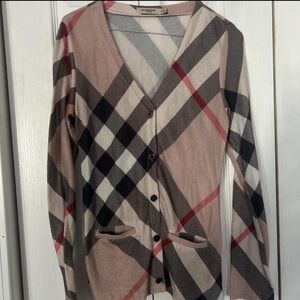Burberry Checkered V-Neck Cardigan in Beige and Red